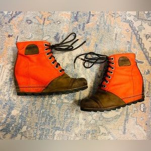 Sorel PDX Wedge Boots Booties Red Brown Leather Canvas Women US 8 USED